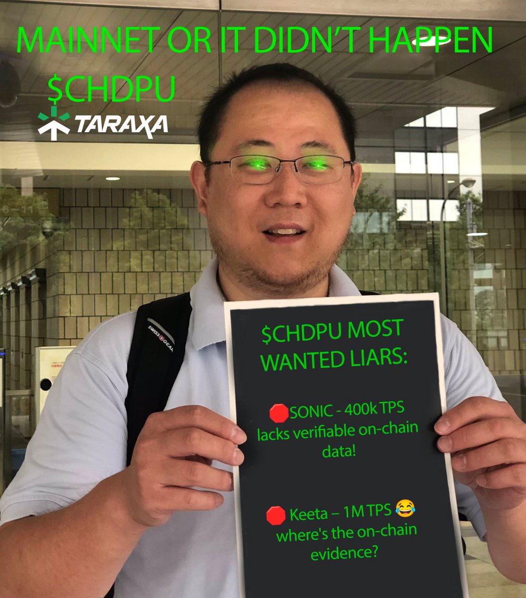 anon_taraxa's tweet photo. @ChadPuOfficial $CHDPU MOST WANTED LIARS:  
🔴 SONIC –  400K TPS ❌ No verifiable on-chain data $S
🔴 Keeta –  1M TPS 😂 No on-chain proof! $KTA

Meanwhile, $TARA doesn’t fake it. Mainnet or it didn’t happen! $CHDPU 🟢

@0xthiagomartins @TaraxaEnjoyor @reedvoid @don_rapalo @torogems https://t.co/k2V4ST2qQS