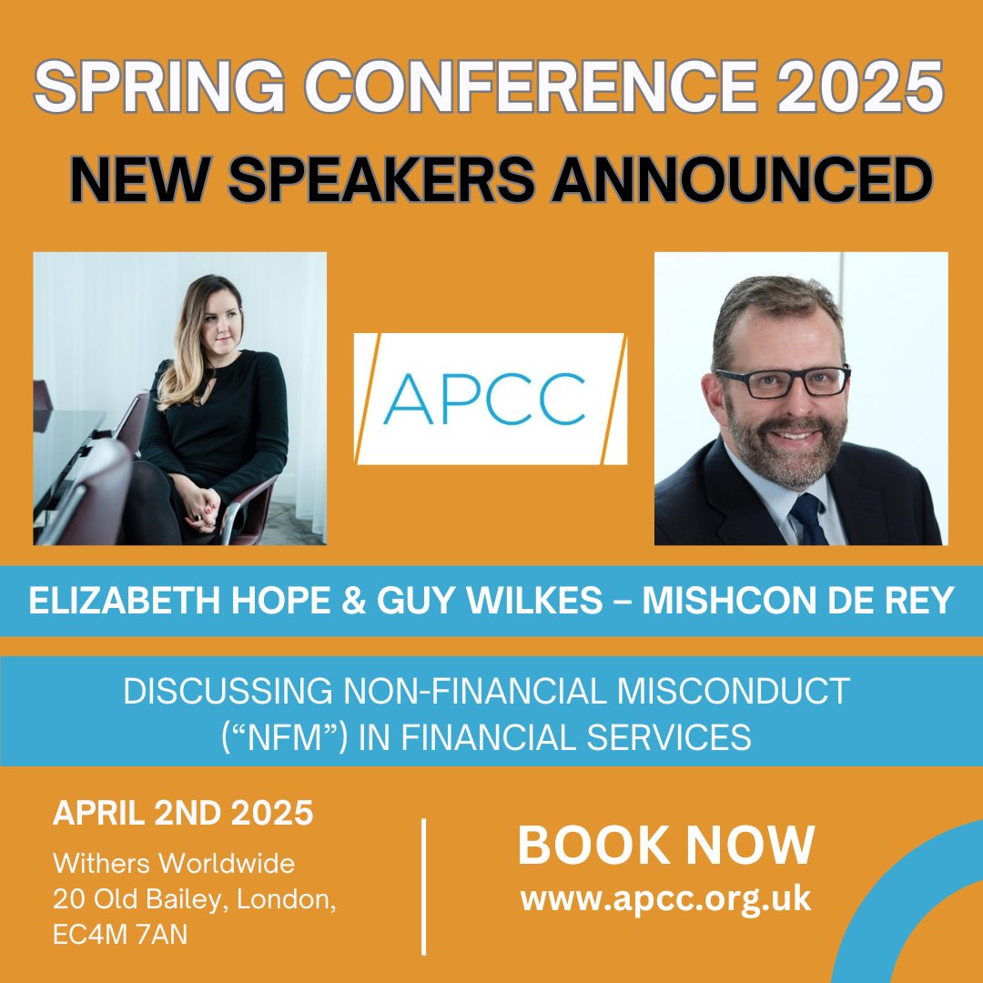 The APCC (@theapcc) on Twitter photo New speaker announced for our Spring Conference on April 2nd!! Elizabeth Hope & Guy Wilkes – Mishcon De Rey <a href="/Mishcon_de_Reya/">Mishcon de Reya</a>
Elizabeth and Guy will be discussing non-financial misconduct (“NFM”) in financial services,
Read more here bit.ly/APCC-spring-20… New speaker announced for our Spring Conference on April 2nd!! Elizabeth Hope & Guy Wilkes – Mishcon De Rey <a href="/Mishcon_de_Reya/">Mishcon de Reya</a>
Elizabeth and Guy will be discussing non-financial misconduct (“NFM”) in financial services,
Read more here bit.ly/APCC-spring-20…