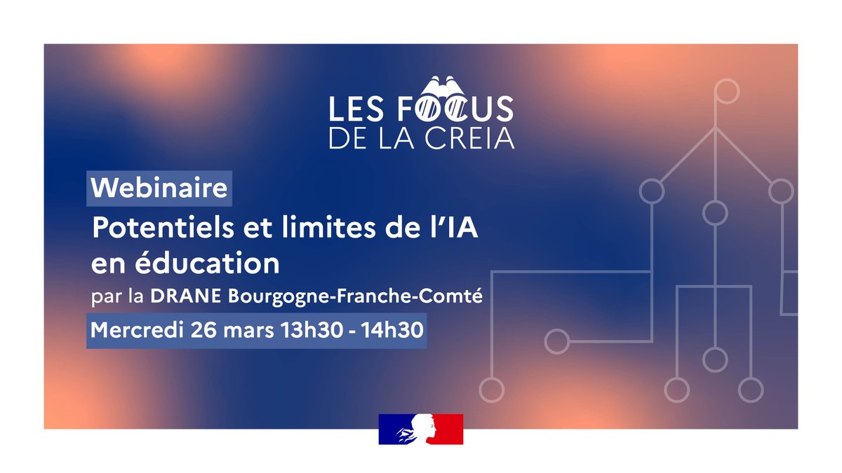 Éducation Numérique (@edu_num) on Twitter photo 🔎Les focus de la CREIA
📌Potentiels et limites de l’IA en #éducation
L’#IA peut-elle enrichir les pratiques pédagogiques ?
#DNE et <a href="/RA_BFC/">Région académique Bourgogne-Franche-Comté</a> proposent un webinaire pour explorer cette thématique.
📅 26 mars 2025 ⏰ 13h30 - 14h30
🎙️ <a href="/ClementFantoli/">Clément Fantoli</a>
➡️magistere.education.fr/dgesco/course/… 🔎Les focus de la CREIA
📌Potentiels et limites de l’IA en #éducation
L’#IA peut-elle enrichir les pratiques pédagogiques ?
#DNE et <a href="/RA_BFC/">Région académique Bourgogne-Franche-Comté</a> proposent un webinaire pour explorer cette thématique.
📅 26 mars 2025 ⏰ 13h30 - 14h30
🎙️ <a href="/ClementFantoli/">Clément Fantoli</a>
➡️magistere.education.fr/dgesco/course/…
