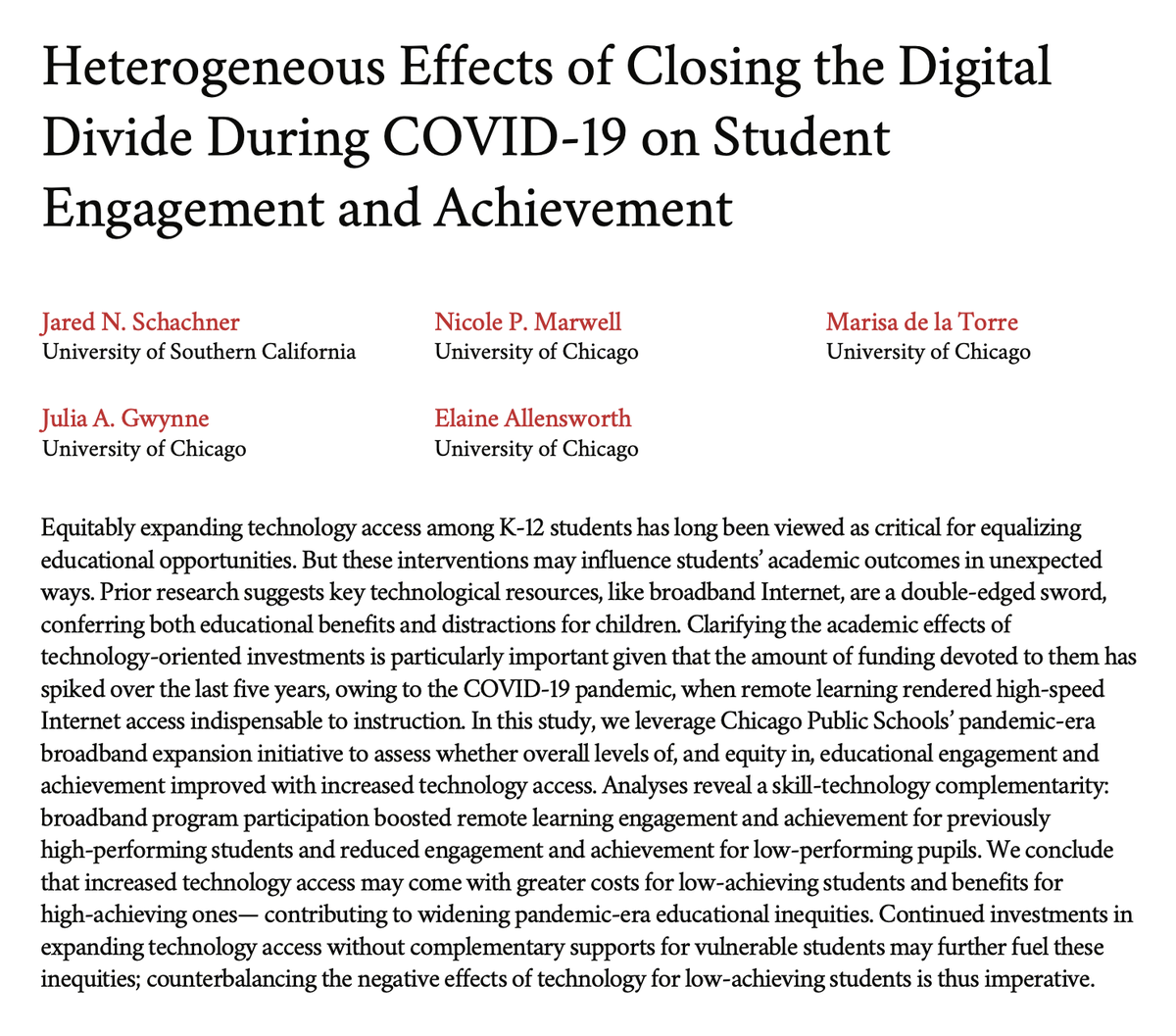 pash22's tweet photo. Heterogeneous Effects of Closing the Digital Divide During COVID-19 on Student Engagement and Achievement
https://t.co/Z6LkwjXq8A via @JaredSchachner et al
When high-performing students got broadband in their homes, they learned more. 
When low-performing students got broadband in their homes, they learned less @TomPMarshall