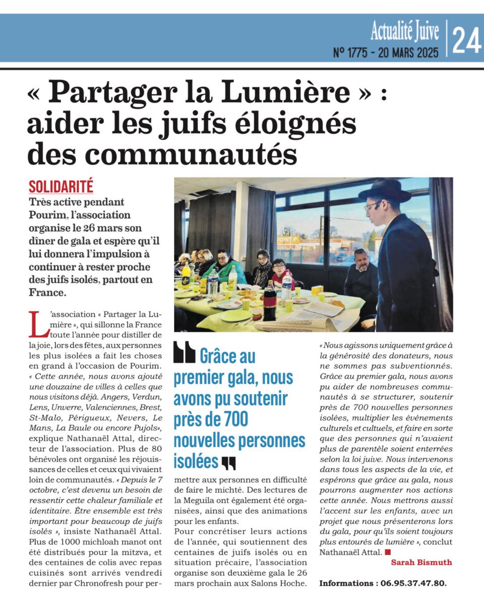 Nathanael_attal's tweet photo. Merci à @ActualiteJuive pour cet article sur l’association @partagerLumiere , qui apporte son soutien aux Juifs isolés et aux communautés juives en province. https://t.co/RobPIWbN4J