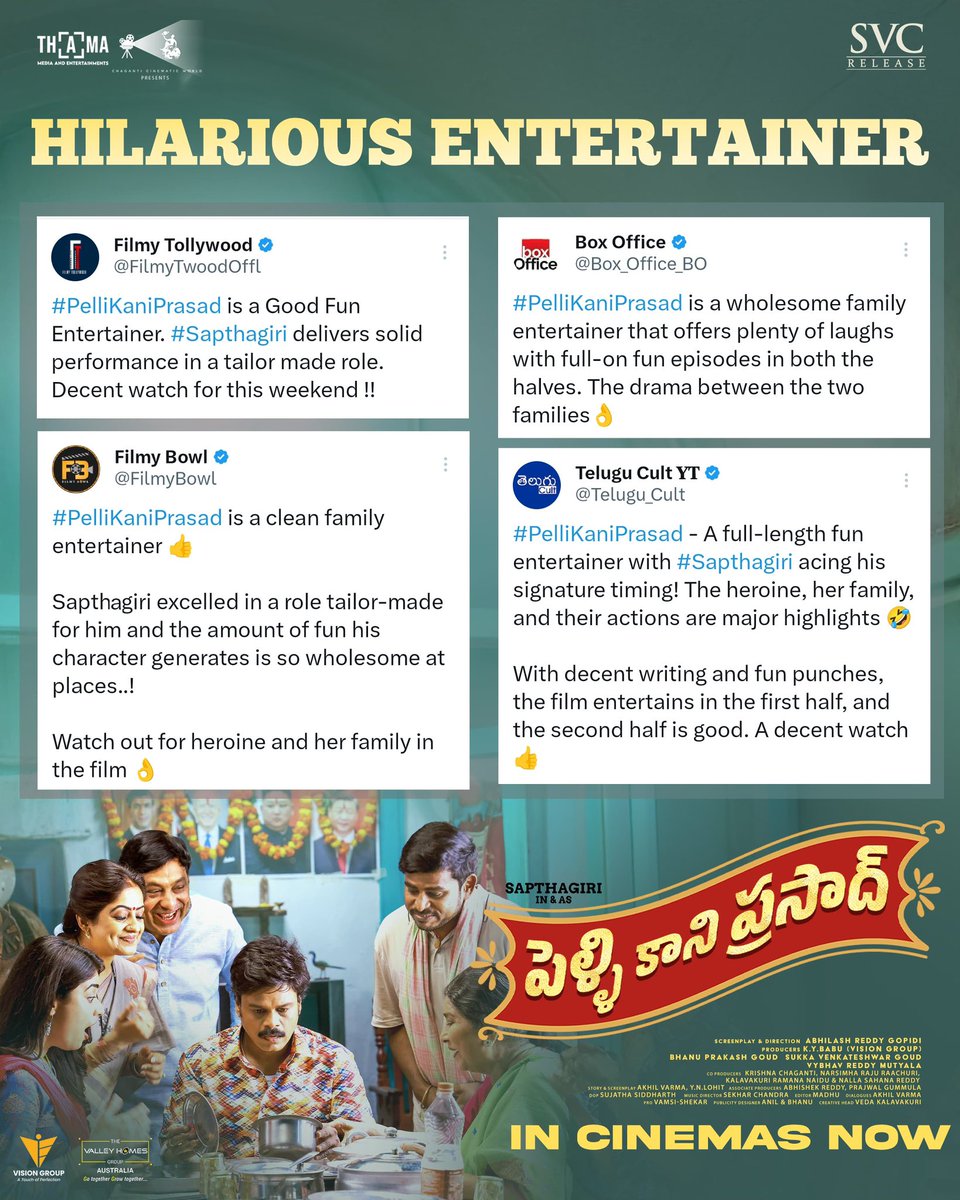 Haricharan Pudipeddi (@pudiharicharan) on Twitter photo Excellent reviews are pouring in for the hilarious entertainer ❤️
Watch and enjoy the super entertaining #PelliKaniPrasad in theaters near you💥
— linktr.ee/PKPTickets
Theatrical Release by <a href="/SVC_official/">Sri Venkateswara Creations</a>
<a href="/MeSapthagiri/">Sapthagiri</a> <a href="/PriyankaOffl/">Priyanka Sharma (#Savaari)</a> <a href="/abhilash_gopidi/">abhilash reddy gopidi</a> <a href="/ThamaEnts/">Thama Media and Entertainments</a> Excellent reviews are pouring in for the hilarious entertainer ❤️
Watch and enjoy the super entertaining #PelliKaniPrasad in theaters near you💥
— linktr.ee/PKPTickets
Theatrical Release by <a href="/SVC_official/">Sri Venkateswara Creations</a>
<a href="/MeSapthagiri/">Sapthagiri</a> <a href="/PriyankaOffl/">Priyanka Sharma (#Savaari)</a> <a href="/abhilash_gopidi/">abhilash reddy gopidi</a> <a href="/ThamaEnts/">Thama Media and Entertainments</a>