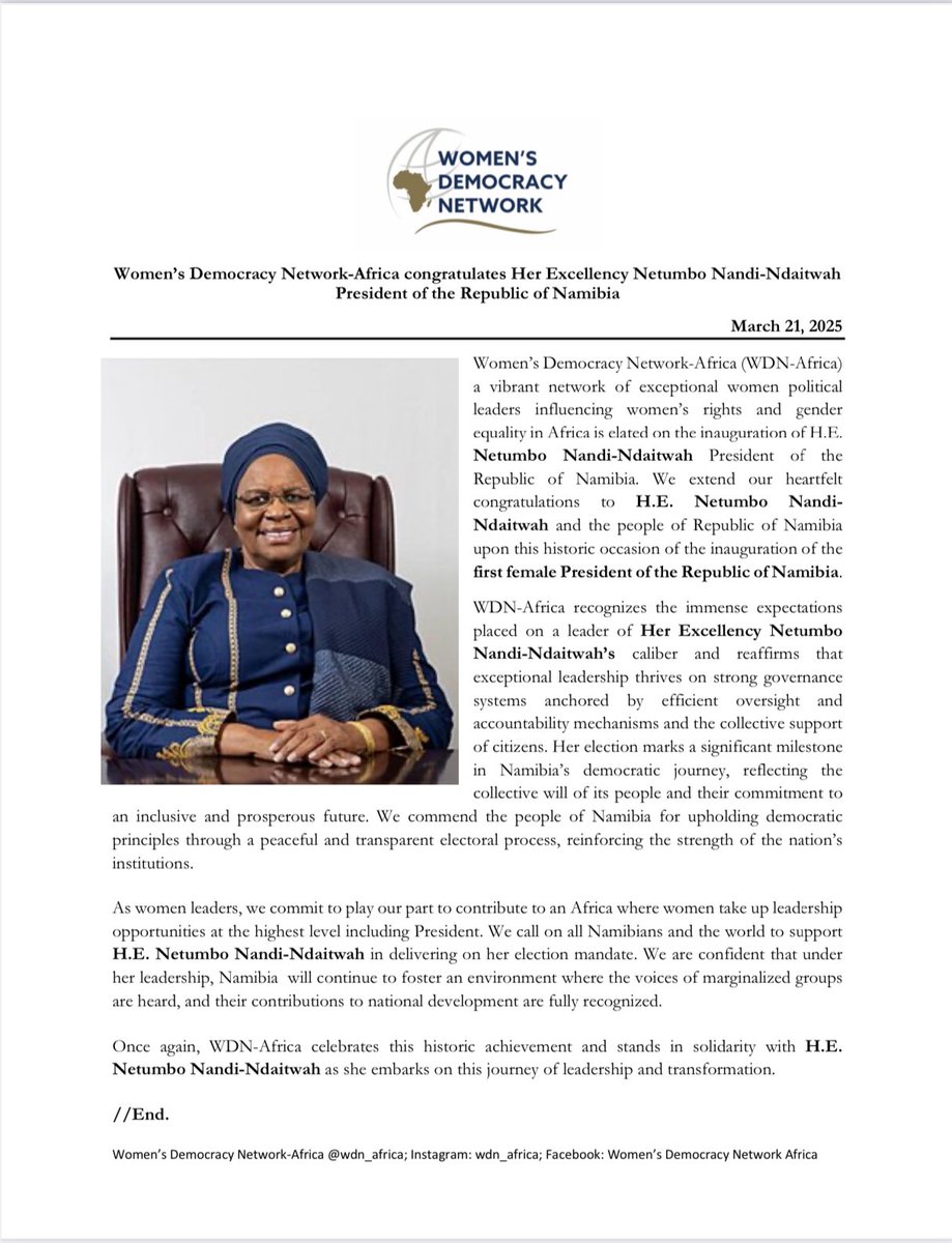 WDN-AFRICA (@wdn_africa) on Twitter photo Join Us in Celebrating President Netumbo Nandi-Ndaitwah and the People of Republic of Namibia. <a href="/wdn/">Women's Democracy Network</a> <a href="/WDNKenya/">WDNKenya</a> <a href="/WDNUganda/">WDN-Uganda</a> <a href="/WdnZimbabwe/">Wdn Zimbabwe</a> <a href="/AU_WGYD/">African Union Women, Gender & Youth Directorate</a> <a href="/unwomenafrica/">UN Women Africa</a> Join Us in Celebrating President Netumbo Nandi-Ndaitwah and the People of Republic of Namibia. <a href="/wdn/">Women's Democracy Network</a> <a href="/WDNKenya/">WDNKenya</a> <a href="/WDNUganda/">WDN-Uganda</a> <a href="/WdnZimbabwe/">Wdn Zimbabwe</a> <a href="/AU_WGYD/">African Union Women, Gender & Youth Directorate</a> <a href="/unwomenafrica/">UN Women Africa</a>