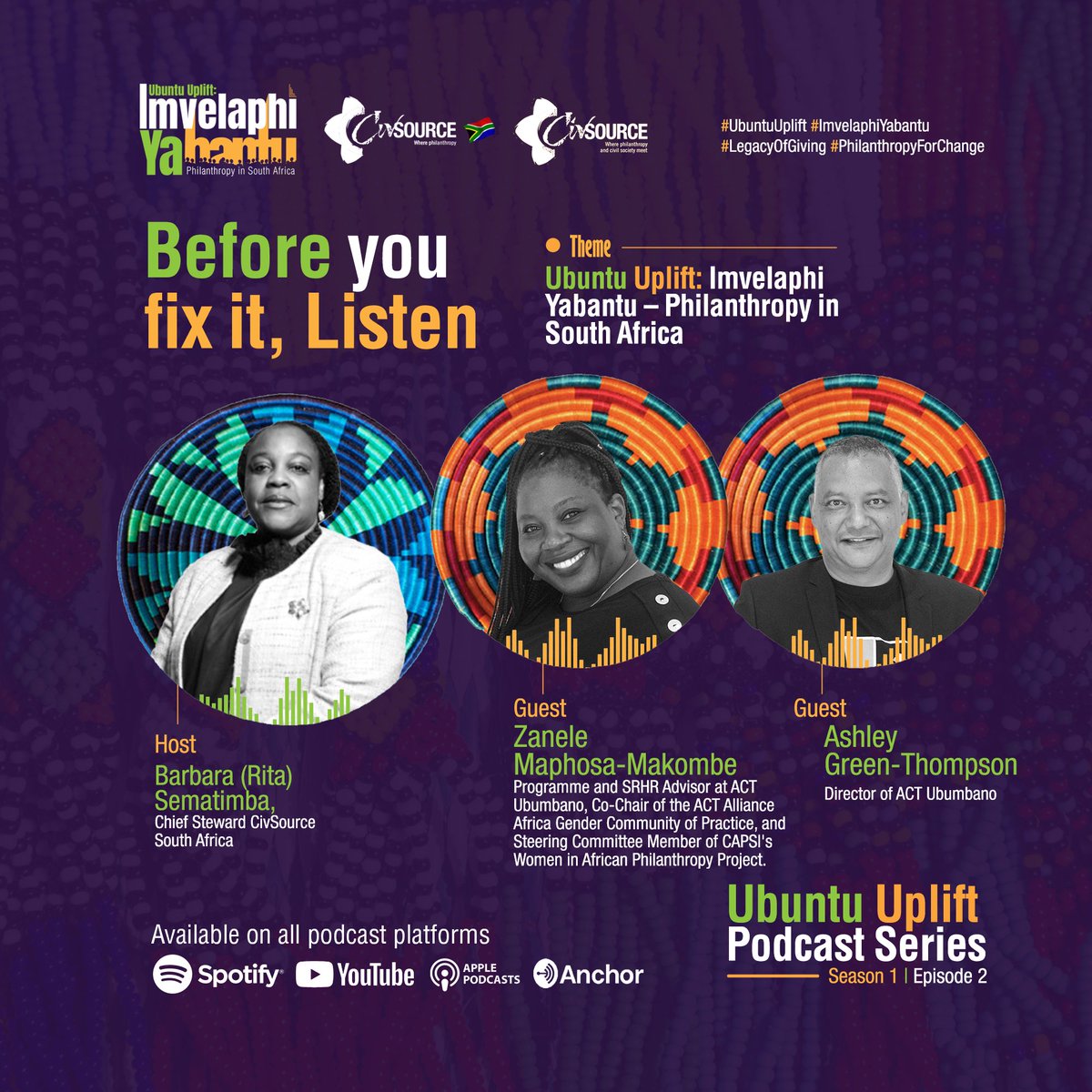 CivSource South Africa (@civsourcesa) on Twitter photo 🎙️ Ubuntu Uplift Podcast Series – Episode 2 Out Now 🙌🏾
✍🏾Before You Fix It, Listen
✍🏾Theme: Ubuntu Uplift: Imvelaphi Yabantu – Philanthropy in South Africa
<a href="/MokoGT/">Ashley GreenThompson</a> <a href="/ActUbumbano/">Act Ubumbano</a>
🔊 🎧 Spotify: tinyurl.com/3967uz7j
🍏 Apple Podcast: tinyurl.com/bdee9rtw
#UbuntuUplift 🎙️ Ubuntu Uplift Podcast Series – Episode 2 Out Now 🙌🏾
✍🏾Before You Fix It, Listen
✍🏾Theme: Ubuntu Uplift: Imvelaphi Yabantu – Philanthropy in South Africa
<a href="/MokoGT/">Ashley GreenThompson</a> <a href="/ActUbumbano/">Act Ubumbano</a>
🔊 🎧 Spotify: tinyurl.com/3967uz7j
🍏 Apple Podcast: tinyurl.com/bdee9rtw
#UbuntuUplift