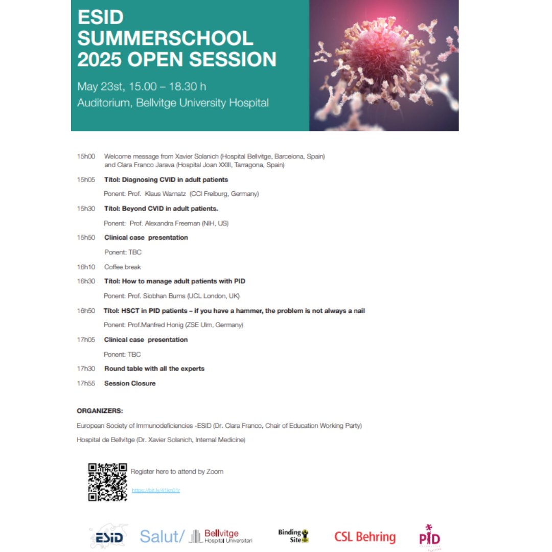 ESID Summer School Open Session2025 

Us presentem aquesta sessió organitzada per <a href="/hbellvitge/">Hospital Universitari Bellvitge | HUB</a> i <a href="/ESIDsociety/">ESID</a> 

Conèixer les últimes eines de diagnòstic i tractament de pacients amb IDP

Enllaç: bit.ly/4iHk6Ld

Des de la PID Foundation donem suport a aquestes formacions.