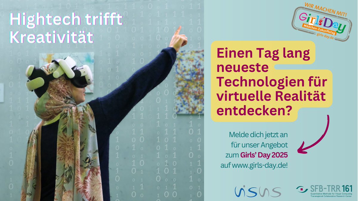 Jetzt anmelden und einen der restlichen Plätze sichern: bei unserem #GirlsDay2025 Angebot an der #UniStuttgart können Mädchen von 14-16 Jahren spannende Technologien für #VR entdecken und erste Programmierprojekte umsetzen: girls-day.de/.oO/Show/unive…