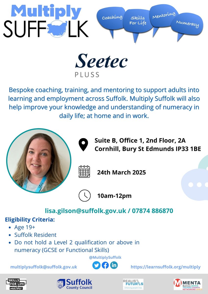 Lisa Gilson will be at Seetec Pluss in Bury St Edmunds 10am-12pm. If you would like to find out how Multiply Suffolk can support you to gain skills into employment pop in and have a chat today.