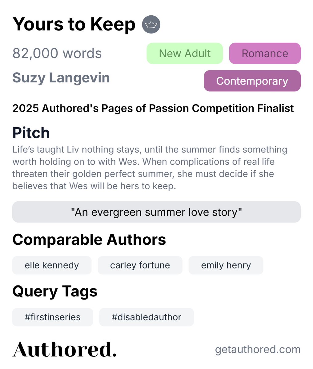 <a href="/SuzyLWrites/">Suzy Langevin (she/her) writes kissing books</a>'s Yours to Keep is a new adult, contemporary romance. "If you believe that one magic summer can change everything, this is the book for you." Check out her finalist interview here: getauthored.com/blogs/pages-of…
#WritingCommunity #mswl #amquery
