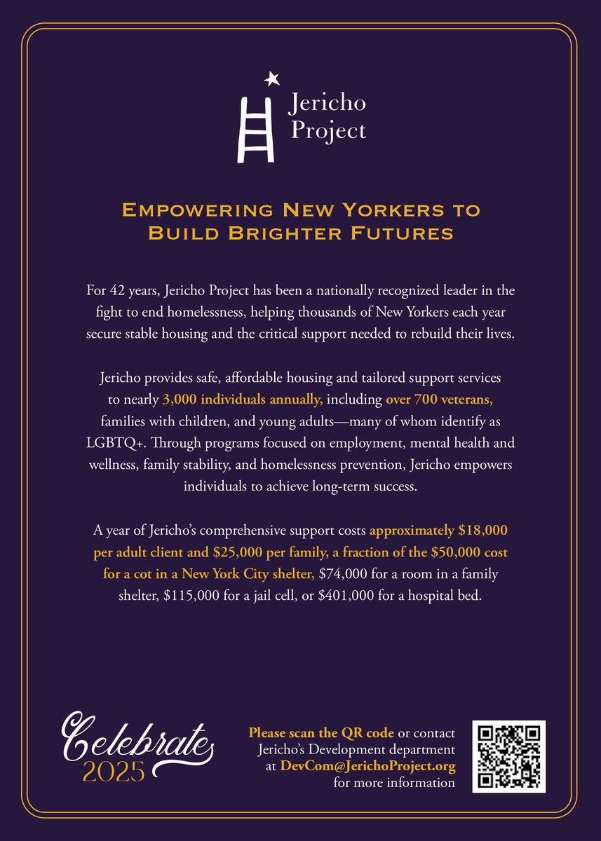 We’re just six weeks away from Celebrate! 2025, Jericho Project’s 42nd Anniversary Gala!

📅 May 5th at 6pm
📍 Tribeca Rooftop, NYC

Click Here for more info! givebutter.com/celebrate2025🎉