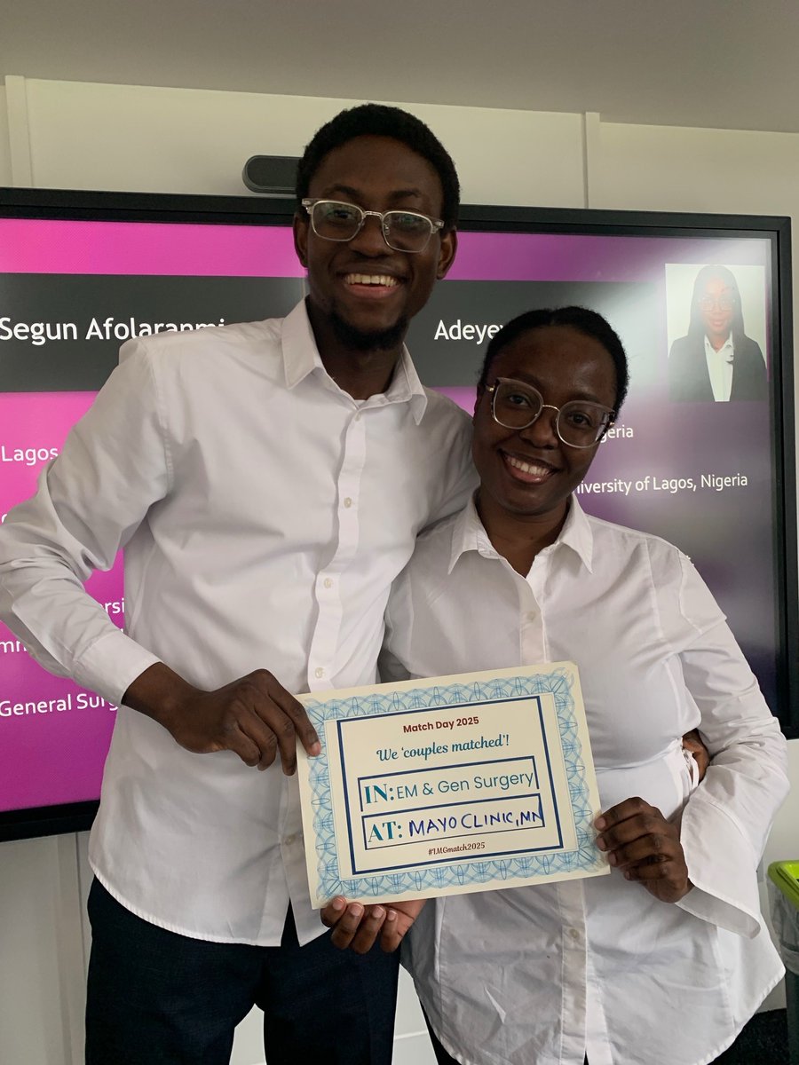 Adebisi Adeyeye (@anthoniabc) on Twitter photo We are going to Mayo Clinic!!!!
My husband and I have โcouples matchedโ to General surgery and Emergency Medicine programs at <a href="/MayoClinic/">Mayo Clinic</a>
From UCH/LUTH Nigeria, the journey was arduous but we succeeded!
<a href="/mayoclinicemres/">Mayo Clinic EM Residency</a> <a href="/emresidents/">emresidents</a> <a href="/MayoSurgery/">Mayo Clinic General Surgery Residency</a>
#Match2025 We are going to Mayo Clinic!!!!
My husband and I have โcouples matchedโ to General surgery and Emergency Medicine programs at <a href="/MayoClinic/">Mayo Clinic</a>
From UCH/LUTH Nigeria, the journey was arduous but we succeeded!
<a href="/mayoclinicemres/">Mayo Clinic EM Residency</a> <a href="/emresidents/">emresidents</a> <a href="/MayoSurgery/">Mayo Clinic General Surgery Residency</a>
#Match2025