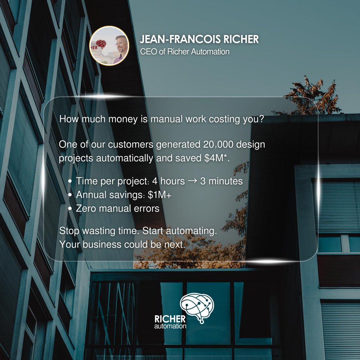 TheRicherJF's tweet image. 20,000 projects don’t lie.
Want to calculate your potential savings? DM us. Let’s turn inefficiency into opportunity.

Why wait?
4 years. 20,000 projects. $4 million saved.
Your turn.

#CADAutomation #ManufacturingTech #BusinessEfficiency