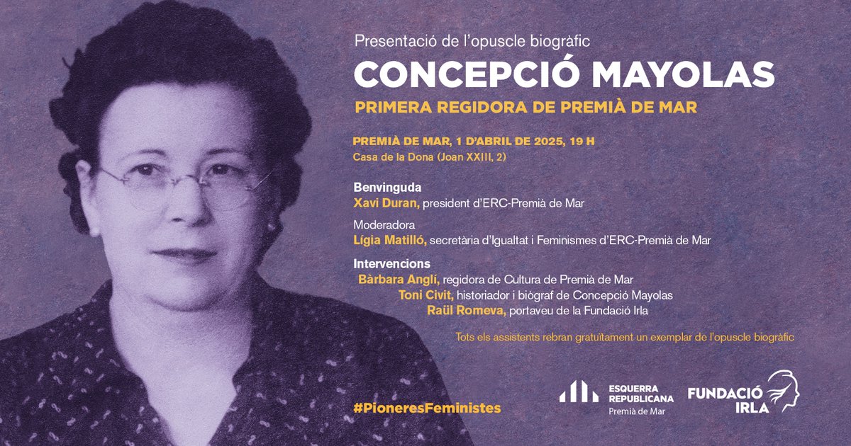 🗣️♀️ Sumem una dona més al col·lectiu de #PioneresFeministes amb la figura de Concepció Mayolas i Reig, primera regidora municipal de Premià de Mar. En parlarem:

📆 Dimarts 1 d'abril
🕖 a les 19h
📍 a la Casa de la Dona de Premià de Mar
