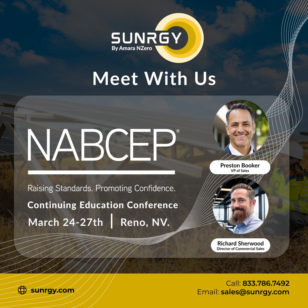 Sunrgy1's tweet image. Headed to the NABCEP CE Conference in Reno March 24-27! SUNRGY Solar Distribution will be in booth 307 and would love to meet up!  

Preston Booker &amp;amp; Richard Sherwood  will be attending. 
Email sales@sunrgy.com if you&apos;d like to setup a meeting!

#conference #solarindustry #NABCEP
