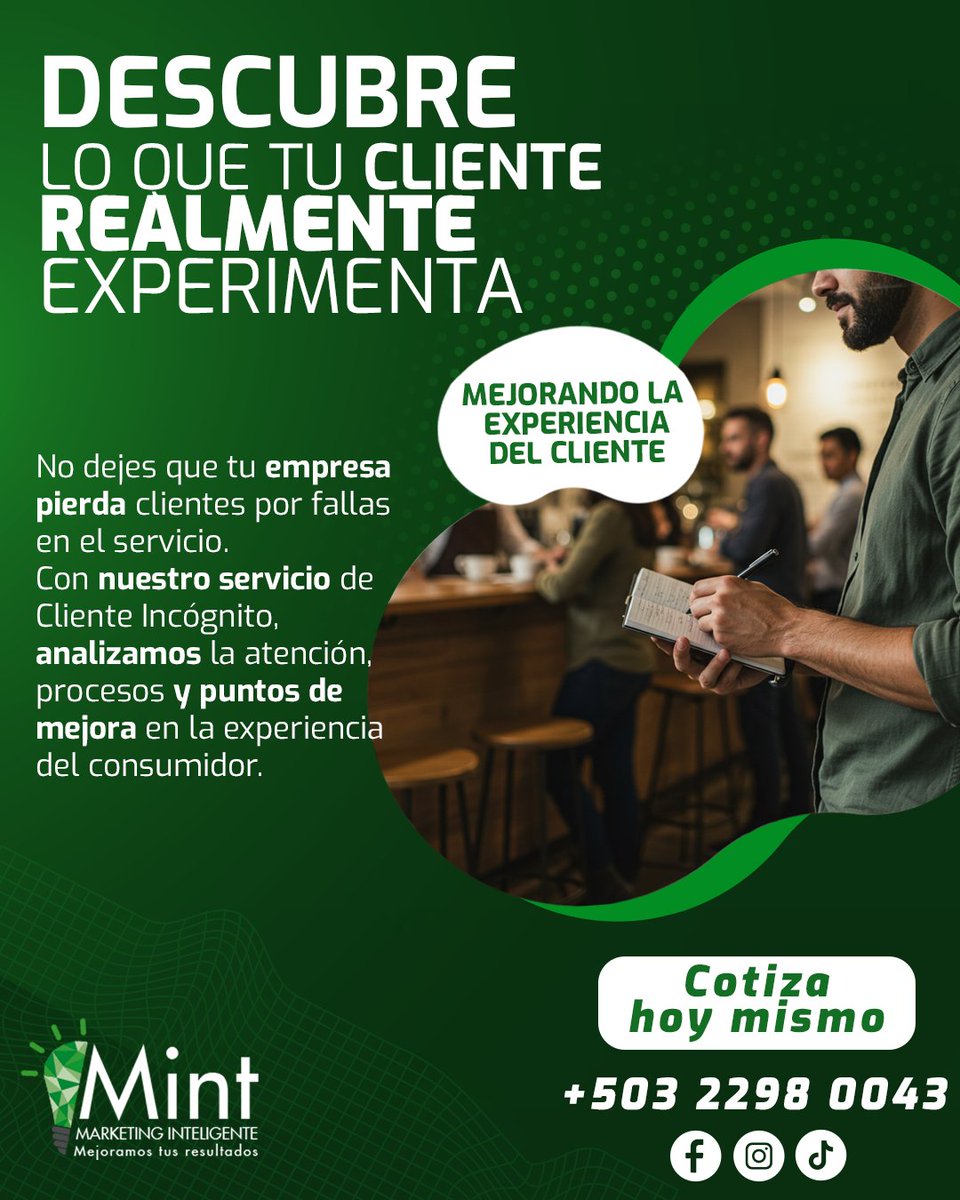 🚀 No pierdas clientes por fallas en el servicio. Con nuestro Cliente Incógnito, analizamos la experiencia real del consumidor y detectamos áreas de mejora. 🔍✨

📩 ¡Es momento de optimizar! Cotiza ahora 👉 +503 2298 0043

#MarketingDigital #Publicidad #SocialMedia #Branding