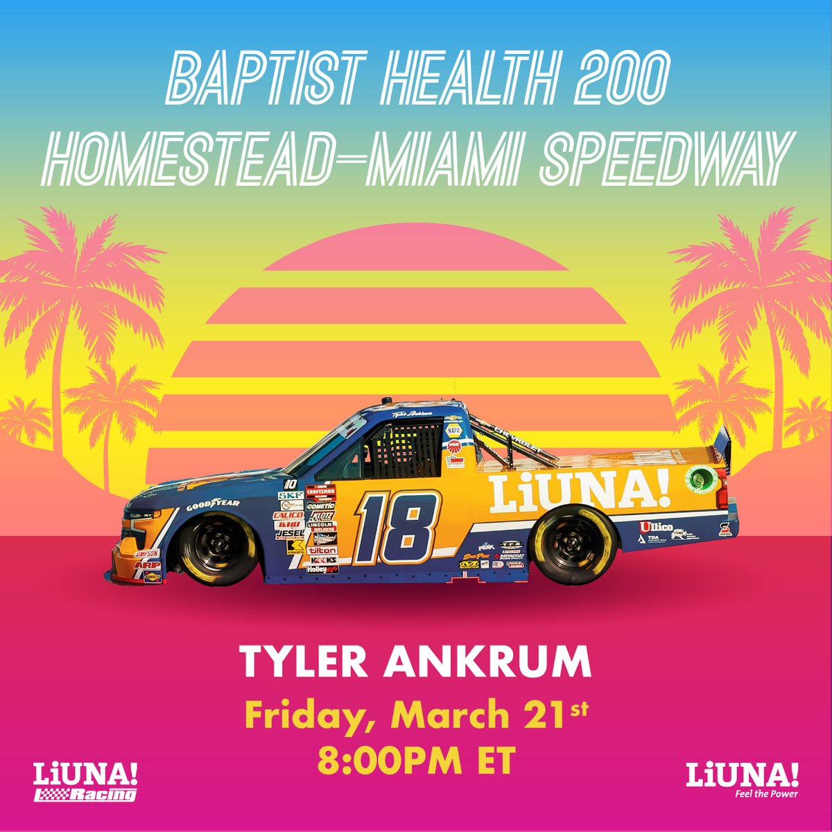 LECET's tweet photo. The heat’s on in Miami! 🔥 @LIUNA's own @TylerAnkrum takes the track in the No. 18 truck tonight at 8PM ET, live on FOX. Tune in and rep the orange! #LIUNARacing #FeelThePower #YourWorkforceSolution
@LiunaOvssr @LIUNASoutheast https://t.co/18j12yWD7E