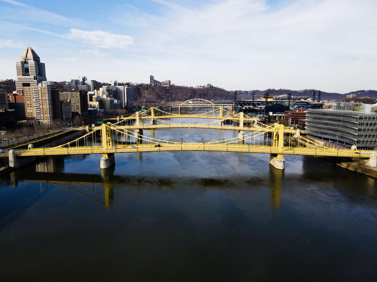 viewpgh's tweet photo. Stunning symmetry of Pittsburgh's 🖤💛 iconic Three Sisters Bridges, where beauty and architecture meet! 🙌 #pittsburgh #architecture #bridges https://t.co/v0nS7Kt0Rj