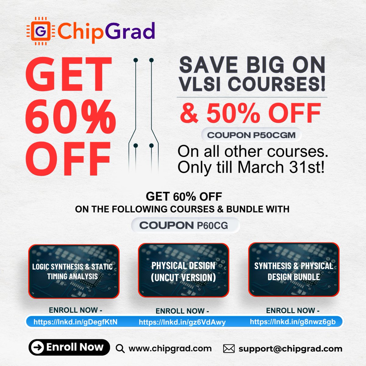 vlsi_expert's tweet image. 🚀 ChipGrad Mega Sale! 🚀
🔥 60% OFF on Physical Design & Logic Synthesis (Code: P60CG)
🔥 50% OFF on all other courses (Code: P50CGM)
⏳ Offer ends March 31st.
👉 Enroll now: chipgrad.com
#ChipGrad #VLSIExpert #LearnVLSI #Upskilling #TechEducation