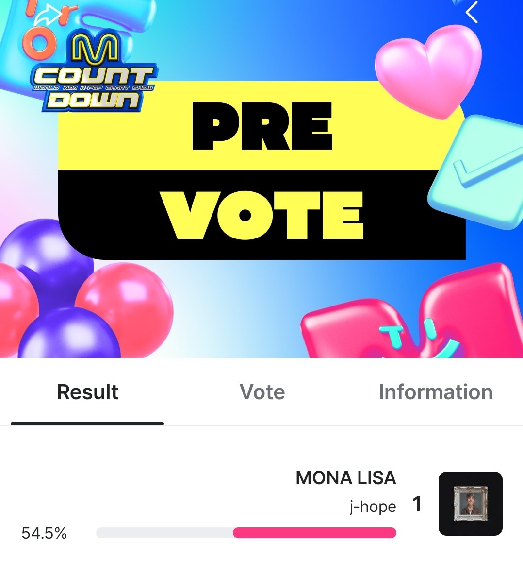 آهنگ “MONA LISA” در پری‌ووتینگ این هفته Mcountdown نامزد شده
طبق قانون میشه با هر اکانت 5 بار رای داد(هر گوشی) رای بدید استریم آهنگ بسیار مهمه یادتون نره

mnetplus.onelink.me/TRa8/94wr5mku?…