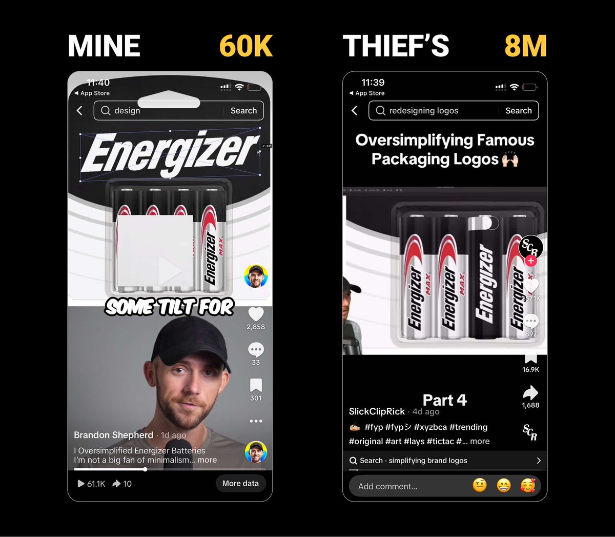 DesignerBran's tweet image. I re-script, re-film, re-edit my youtube videos into bite-sized entertaining Shorts.
Some loser rips my entire youtube video, cuts out random disjointed segments, and crops it terribly.
My post: 60k views
Their post: 8M views
This is why I hate TikTok...