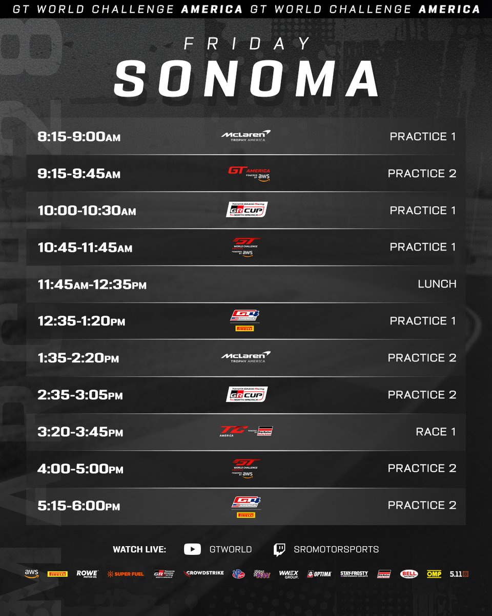 GT World Challenge America pwd by AWS (@gtworldcham) on Twitter photo The happiest of Fridays!
Official sessions kick-off today at <a href="/RaceSonoma/">Sonoma Raceway</a> 👊 Follow live with timing and scoring ⬇️
⏱️ gt-world-challenge-america.com/watch-live
#GTWorld #GTWorldAmerica #GTSonoma The happiest of Fridays!
Official sessions kick-off today at <a href="/RaceSonoma/">Sonoma Raceway</a> 👊 Follow live with timing and scoring ⬇️
⏱️ gt-world-challenge-america.com/watch-live
#GTWorld #GTWorldAmerica #GTSonoma