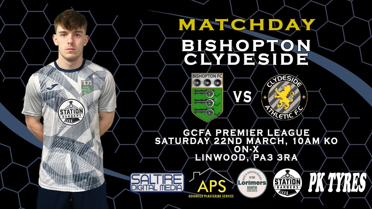 Tomorrow we are in Premier League Action.

Bishopton vs Clydeside @ ON_X, Linwood with a 10am KO.

#monthebishy #lorimers #stationbarbers #pktyres #saltiredigitalmedia