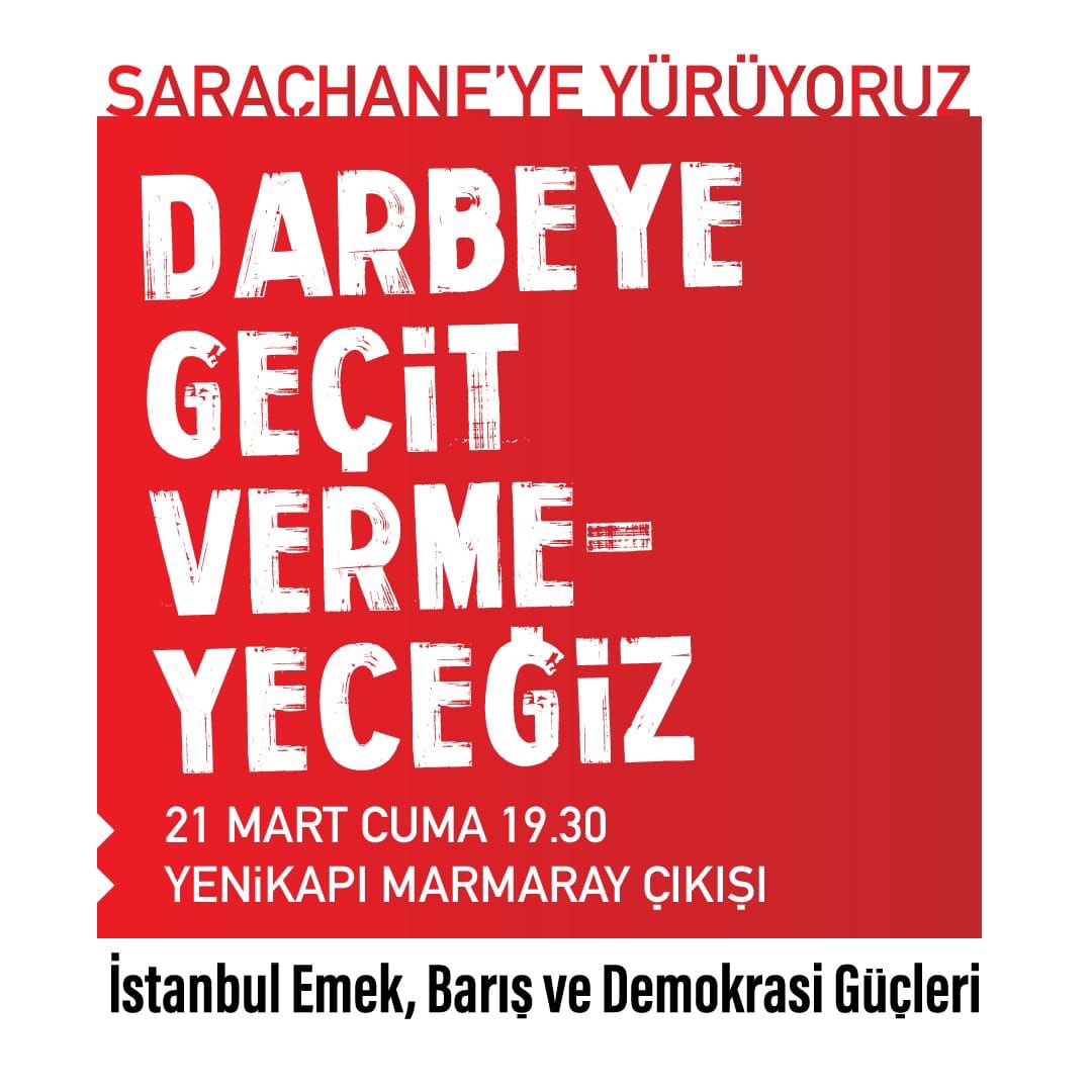 Üniversiteleden, iş yerlerinden, mahallerden çıktık,  AKP’nin yargı darbesiyle adım adım kurmaya çalıştığı dikta rejimine direniyoruz. 
Zorbalığa geçit yok!
#sokağa!