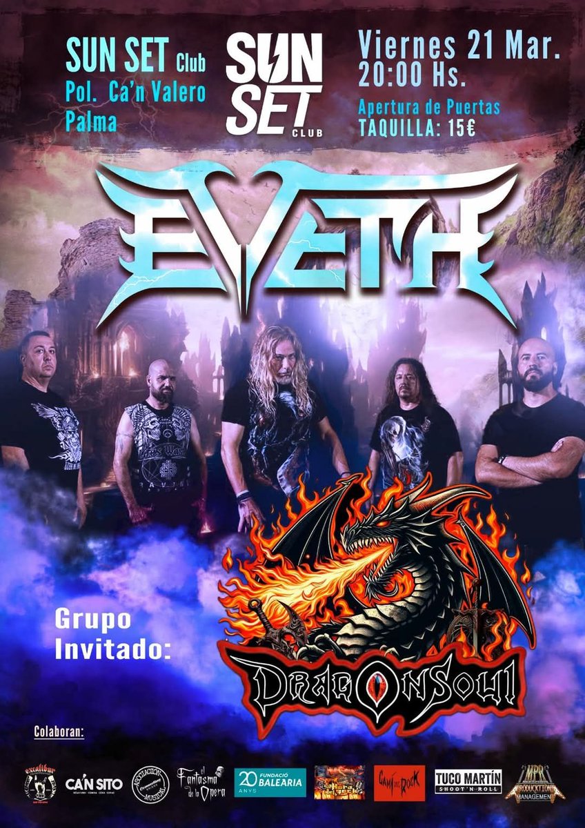 ¿Pegamos un salto esta noche al Sunset club?
Tenemos a Eveth y Dragonsoul. Desde las 20h, a 15€ en taquilla.

En el Polígono de Ca'n Valero, delante del Coyunda, para cenar bien entre el concierto y la visita al Excalibur (?)