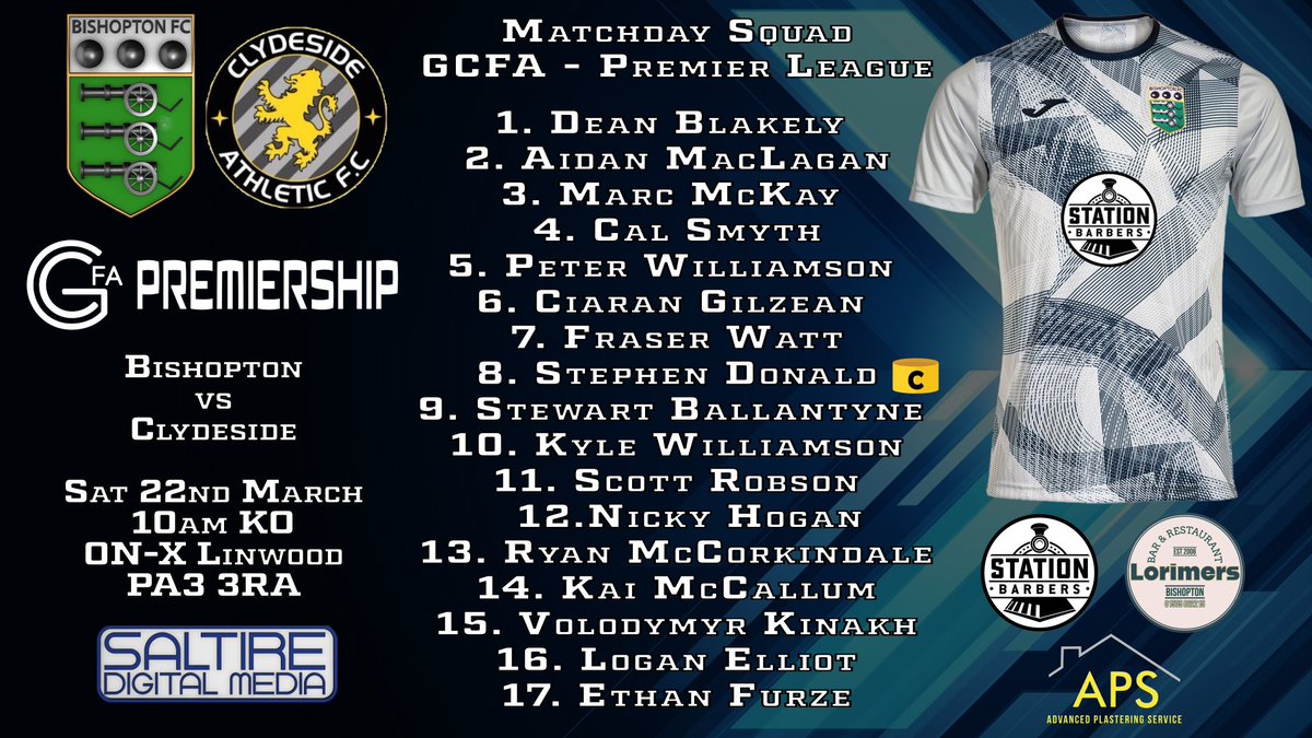 Todays Premier League, Matchday Squad vs Clydeside.

#monthebishy #stationbarbers #lorimers #apsadvancedplasteringservice #saltiredigitalmedia