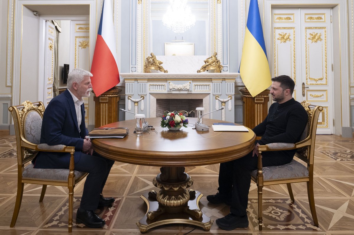 ZelenskyyUa's tweet photo. Today, during our meeting with Czech President Petr Pavel @prezident_pavel, we discussed the situation on the frontline and the overall course of the war. We also spoke about joint European efforts to provide security guarantees for Ukraine.

I thank the Czech Republic for its readiness to work within the framework of the “coalition of the willing.” We understand that together we must apply pressure on the aggressor to achieve a dignified peace. We also discussed defense production—we must implement all mutually beneficial projects.

The Czech Republic has welcomed hundreds of thousands of our people, and we have reached an agreement to open a Unity Center for Ukrainians in Prague.  It is truly necessary. Thank you.

We also appreciate the Czech Republic's humanitarian work with Ukraine, support for our regions and cities—in the Dnipro, Kharkiv, Kryvyi Rih, and Lviv regions. Czech projects are present everywhere.

Thank you, for your visit and cooperation. Today, we signed a Joint Statement on Strategic Partnership between our states. It reflects the real level of our relations. Thank you for this. Thank you for the Czech initiative and for all the help to our people.

🇺🇦🇨🇿