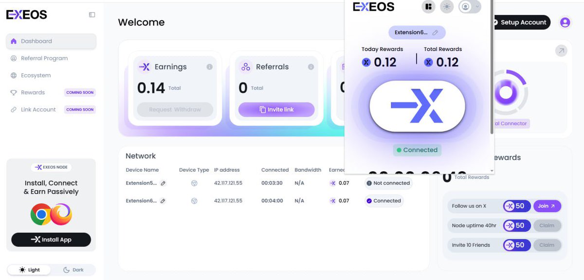 LeeJack_89's tweet photo. #Exeos NODE DEPIN just launched
Running like Grass and Nodepay.
👉Registration link
https://t.co/lOfIkob1VW
1️⃣ Create an account with gmail
2️⃣ Install Node extension.
https://t.co/4iW9JXGNO3
3️⃣Run node like Grass and Nodepay.
Join TG group to update: https://t.co/1WsKuvAZnJ
🎯 The group always opens chat so you can discuss buying and selling and to ensure your transactions are as safe as possible.
Exchange,Sell or Buy :
🎯Pi Network
🎯Sidra Coin
Join the group for safe trading :
https://t.co/qnZm1VmCT3