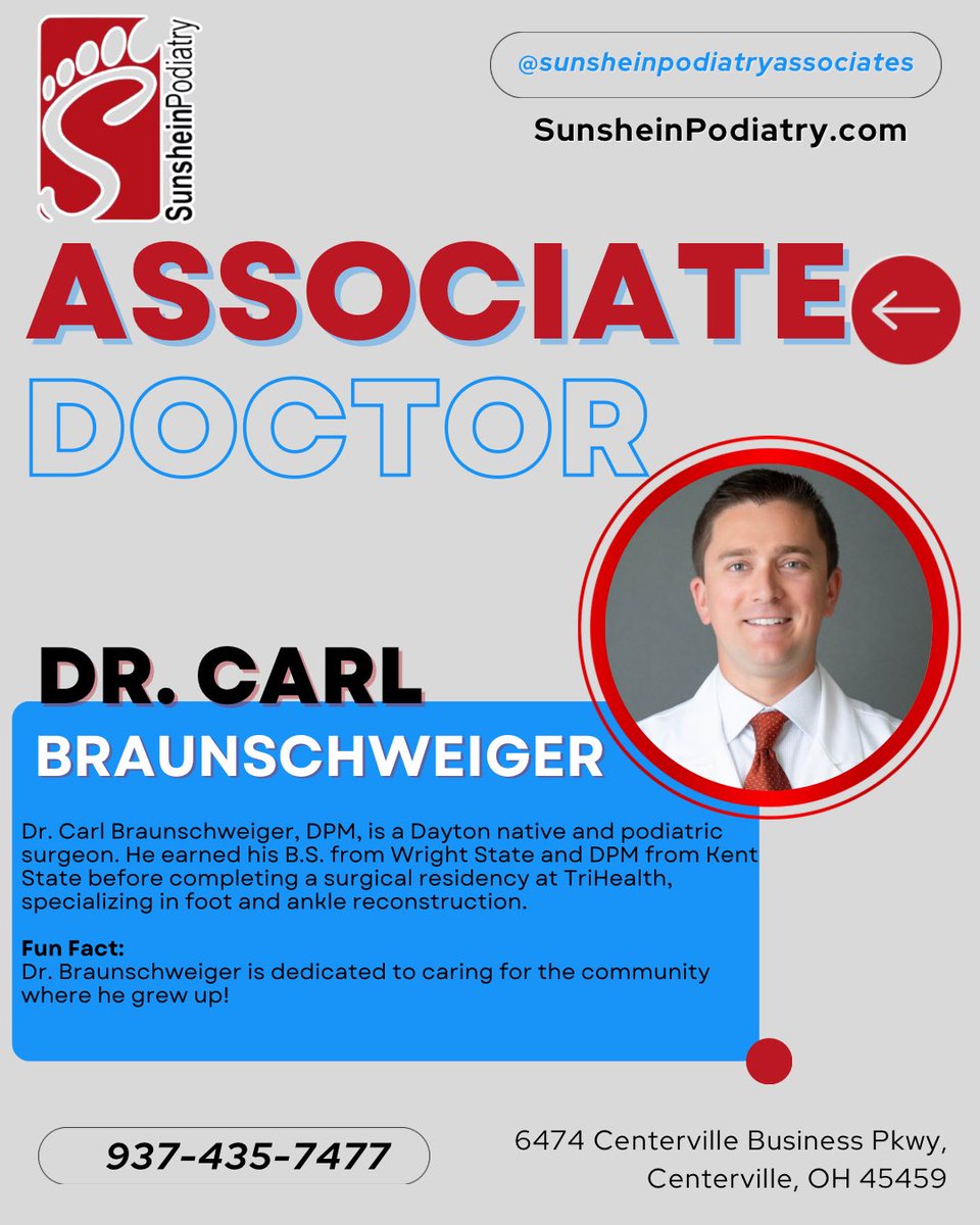 SunsheinPod's tweet photo. Meet Dr. Carl Braunschweiger, our associate doctor at Sunshein Podiatry Associates! 👟 Passionate about foot and ankle health, he’s here to help you move pain-free. Book an appointment today and step into better foot care!

📞 Call us today: 937-435-7477
#podiatry https://t.co/28XoZyZmiK