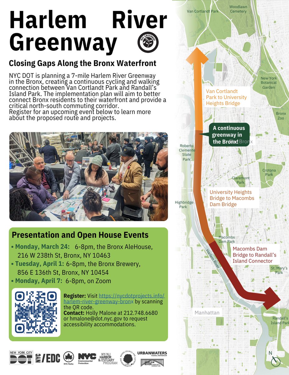 <a href="/NYC_DOT/">NYC DOT</a> is planning a 7-mile Harlem River Greenway!
Learn about the cycling &amp; walking route from Van Cortlandt Park to Randall’s Island at these events:
📅 3/24: Bronx AleHouse, 6-8 PM
📅 4/1: Bronx Brewery, 6-8 PM
📅 4/7: Zoom, 6-8 PM
🔗 Register: nycdotprojects.info/harlem-river-g…