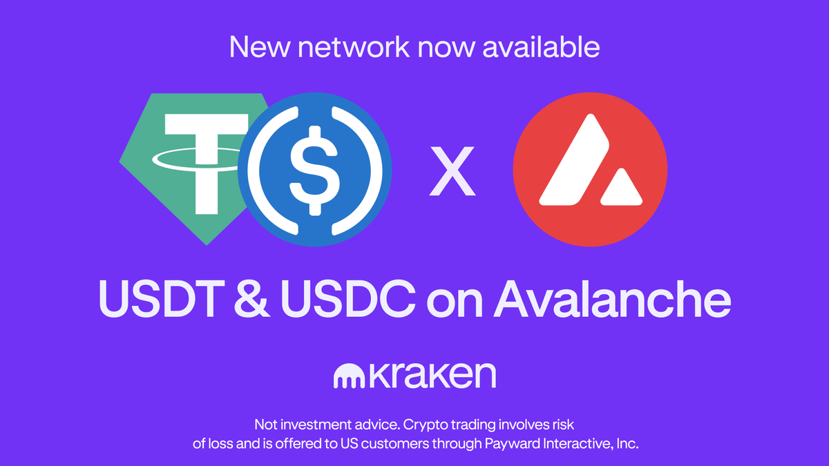 🔊 $USDT <a href="/Tether_to/">Tether</a> and $USDC <a href="/circle/">Circle</a> are now supported on the Avalanche <a href="/avax/">Avalanche🔺</a> network on Kraken! 

✔️ Deposits and withdrawals are enabled
🎉 Trading is now live!

Trade here ⤵️
p.k.xyz/9f1e/0szd17ms
 
*Geographic restrictions apply