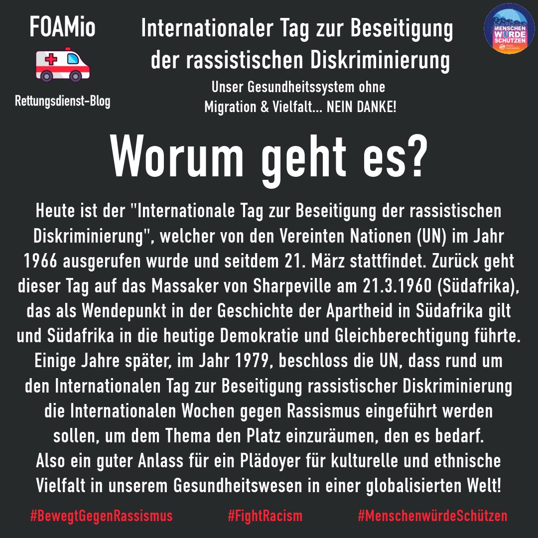foamioblog's tweet photo. Heute ist der "Internationale Tag zur Beseitigung der rassistischen Diskriminierung", welcher von den Vereinten Nationen (UN) im Jahr 1966 ausgerufen wurde und seitdem 21. März stattfindet.
#FOAMio #Medizin #BewegtGegenRassismus #FightRacism #Rassismus #Diskriminierung #Vielfalt https://t.co/tXOufJ5yio