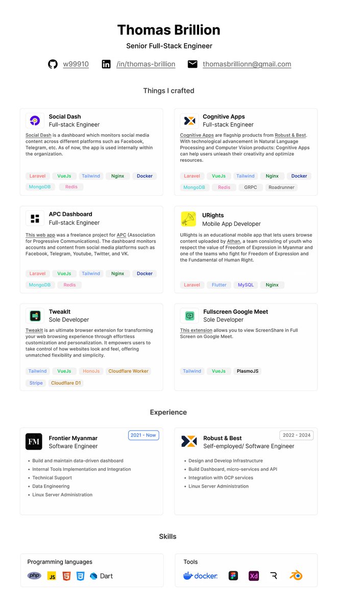 thomasbrillion's tweet photo. I’ve always liked minimalist style, and I have just renovated my resume after a year. https://t.co/yQxkLLd0OR
