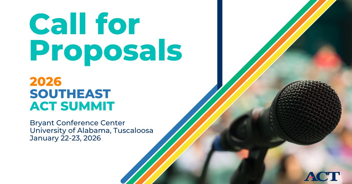 The 2026 Southeast ACT Summit is coming to Tuscaloosa, Ala, on Jan. 22-23, 2026 – and we want your expertise! Share insights, spark discussions, and help shape the future of education and workforce success. Submit your session proposal by April 29: cvent.com/c/abstracts/bc…