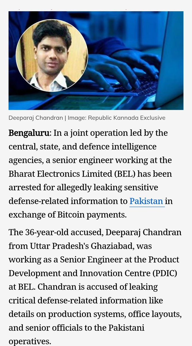 zoo_bear's tweet photo. A Senior engineer Deep Raj Chandra from Ghaziabad working in Bharat Electronics Limited, Bengaluru, was  arrested on charges of leaking sensitive defence information to Pakistani operatives in exchange for cryptocurrency payments. Meanwhile, RW X account  @postcard_news owned by @mvmeet and @ssaratht shared the news with an image of a man with a beard and a Skull cap.