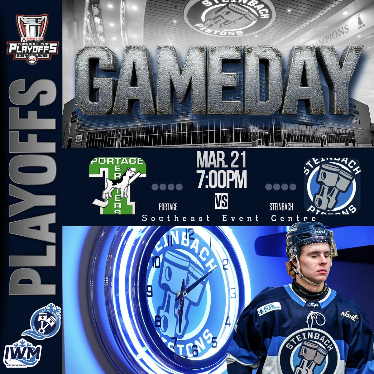 #IceWaveMeda / <a href="/MJHLPistons/">Steinbach Pistons</a> 
Gameday!

#MJHL #TurnbullCupPlayoffs

Round 1 / Game 1

Portage Terriers (at)
Steinbach Pistons 

7:00pm
Southeast Event Centre, Steinbach