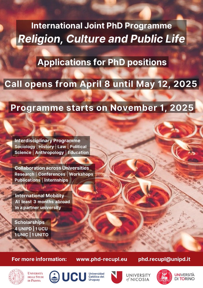 Llamado a becas para doctorado internacional en Religión, Cultura y Vida Pública.
Aplicaciones: 8 de abril a 12 de mayo.
Inicio de programa: 1 de noviembre 
Información 👇
phd-recupl.eu