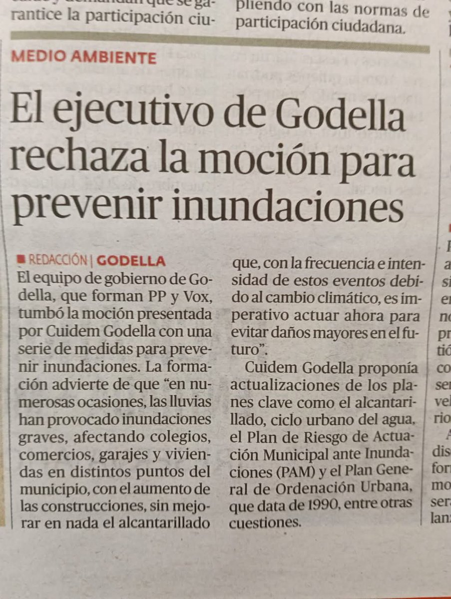 CuidemGodella's tweet photo. Gracias @elperiodicoaqui por la difusión. Es necesario que #Godella tenga un plan para prevenir #inundaciones 
La #Dana #29O puso de manifiesto la vulnerabilidad de provincia de #Valencia con el #CambioClimático 
Por desgracia estamos en manos de #negacionistas @ppgodella y #VOX https://t.co/8fWZkw9PlD