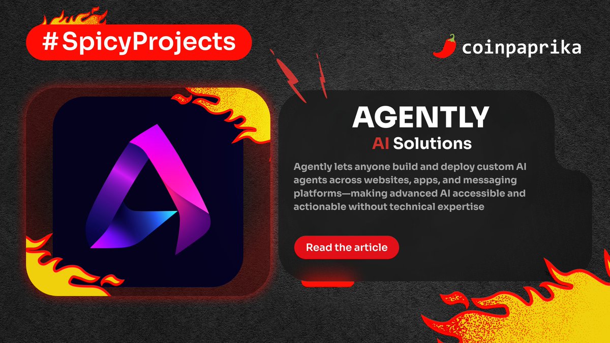 coinpaprika's tweet photo. #SpicyProjects ๐ถ๏ธ
Next week, next spicy project that highlights the hottest projects in the #web3 space!
Today, we're talking about @Agently_AI Their platform lets anyone build custom AI agents without technical expertise!
Read more about #Agently ๐ https://t.co/RobGYYZpEt