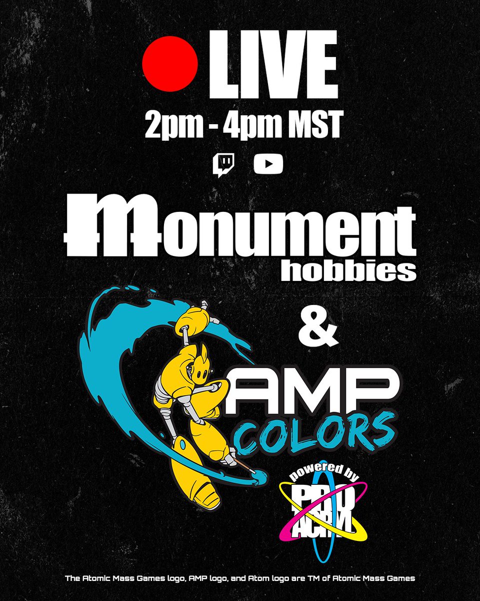 Let's REALLY talk about this collaboration with AMG that is bringing you Atomic Mass Paints! 

Tune into livestream TODAY from 2pm - 4pm MST as we are joined by our friend Dallas Kemp from Atomic Mass Games to formally introduce you to the new paints!
