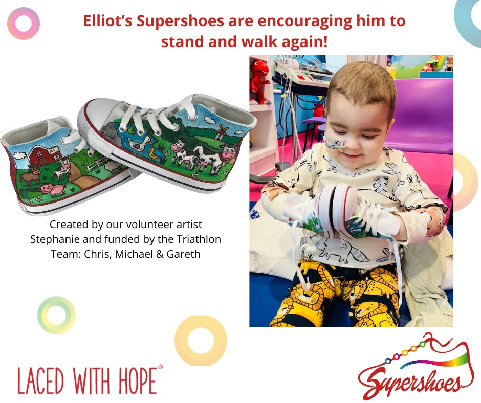 SupershoesUK's tweet photo. 3-year-old Elliot has been in hospital since September after having a stem cell transplant following a diagnosis of JMML. He has been very brave as he faced complications of chronic GVHD which he is now recovering from.
#Supershoes #LacedWithHope #StemCellTransplant https://t.co/ftyuz4ZifD