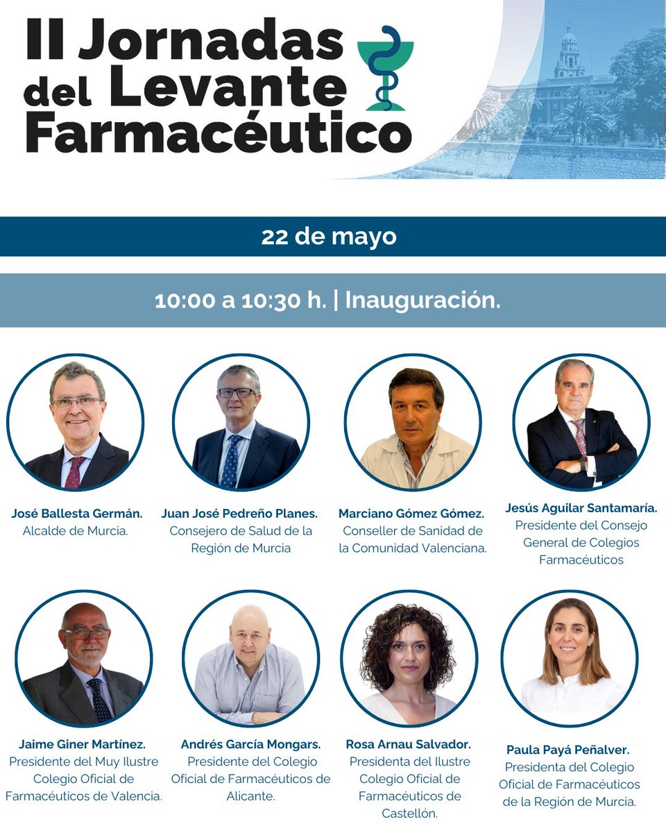 🚀 Las II Jornadas del Levante Farmacéutico comienzan el 22 de mayo con una inauguración de primer nivel. Dos días de innovación y formación en Murcia.  👉 jornadaslevantefarmaceutico.com 

ETIQUETAS:
<a href="/Ballesta_Murcia/">José Ballesta</a> <a href="/Murciasalud/">Murciasalud</a> <a href="/GVAsanitat/">GVA Sanitat</a> <a href="/Farmaceuticos_/">Consejo General Colegios Farmacéuticos</a> <a href="/JAIMEGINERMARTI/">JAIME GINER MARTINEZ</a> <a href="/rosa78arnau/">Rosa Arnau</a>