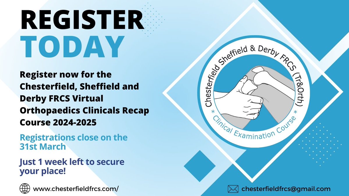 Chesterfield, Sheffield and Derby FRCS Virtual Orthopaedic Clinicals Recap Course 2024-2025 is OPEN until the 31st March! Register today to secure your place and avoid disappointment! emdevents.eventsair.com/csd-voc-recap-……For more information visit chesterfieldfrcs.com #FRCS #orthopaedics
