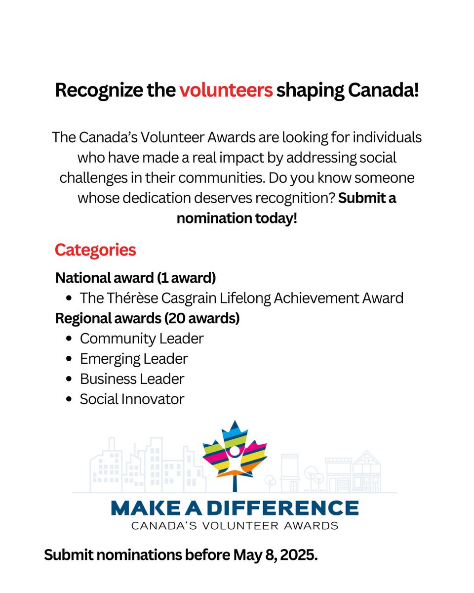 Volunteers are the heartbeat of our communities! Do you know someone whose efforts deserve recognition?

Canada's Volunteer Awards are looking for people who have made a real difference by addressing social challenges in their communities.

Nominate today! bit.ly/4bKsU0J