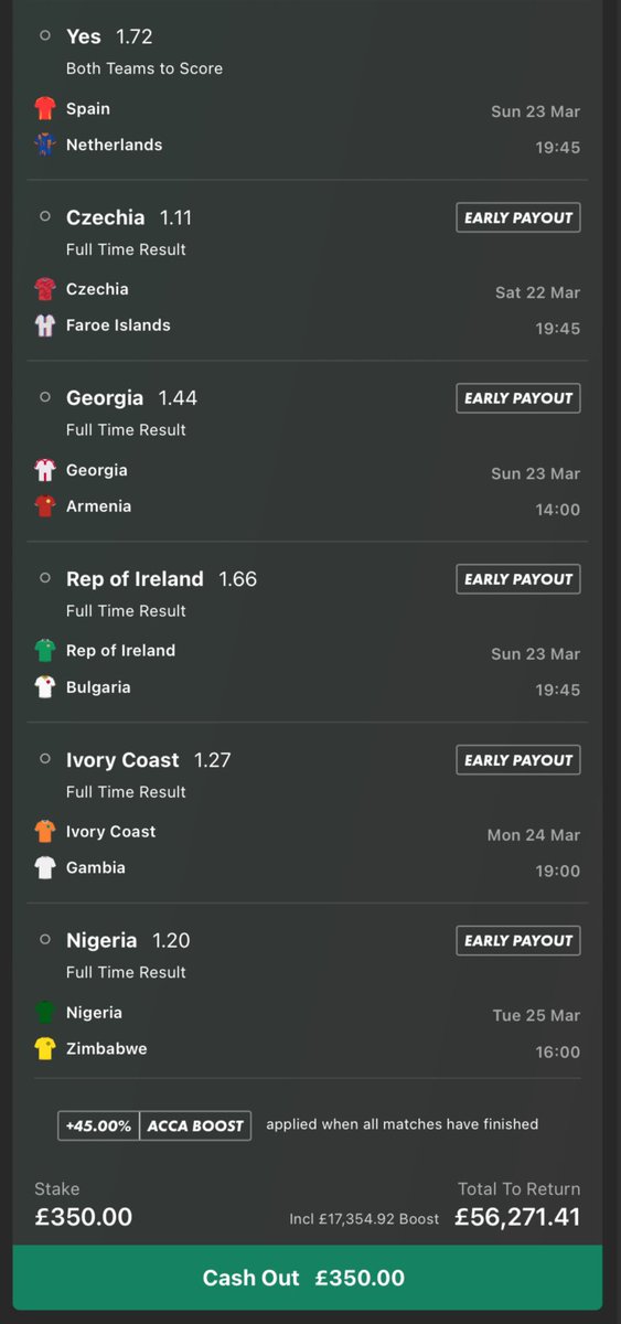 WEEKEND FOOTBALL ACCA ⚽️

£10 RETURNS £1,612 🤑

ODDS: 111.18 📊 - Odds may have changed

IF THIS WINS I’LL GIVE £2,500 TO ONE PERSON WHO LIKE ❤️ THIS!

(JOIN my Tele channel in the replies for EXTRA FREE BETS &amp; GIVEAWAYS ⬇️)