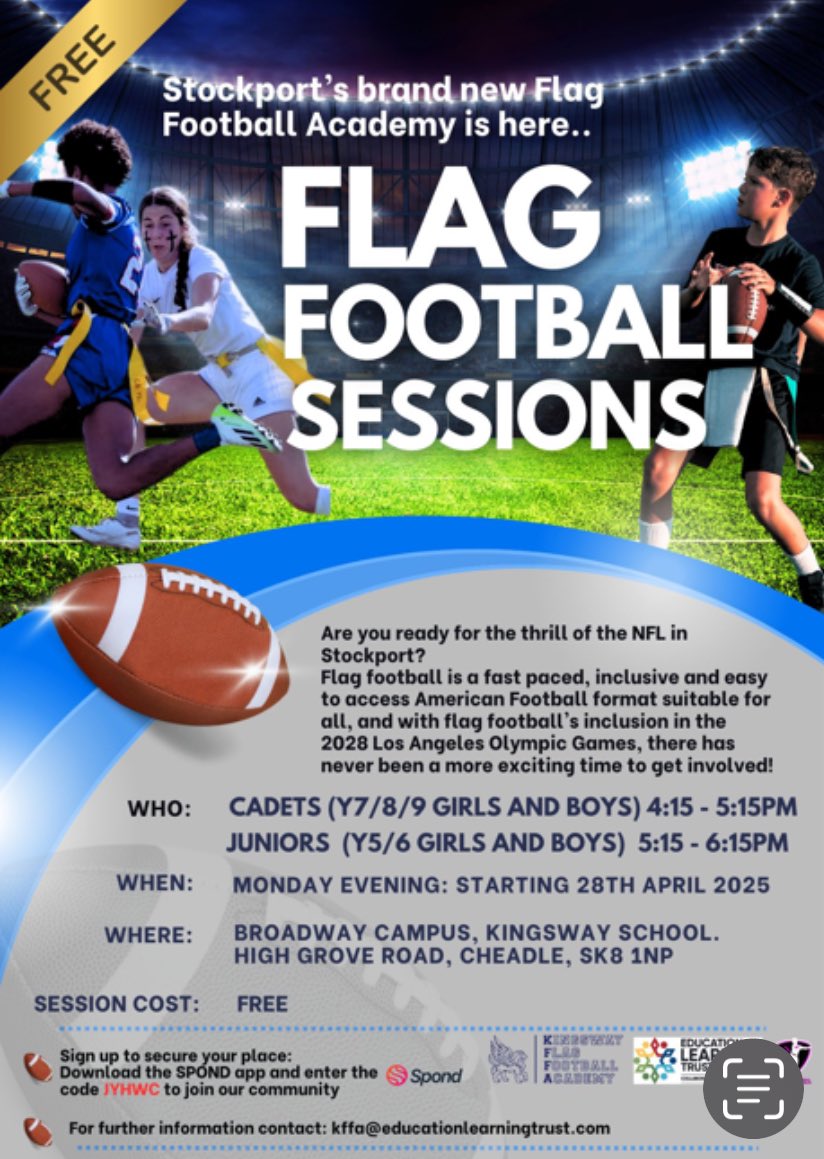 Free flag football sessions. Too good to miss #trysomethingnew 🏈