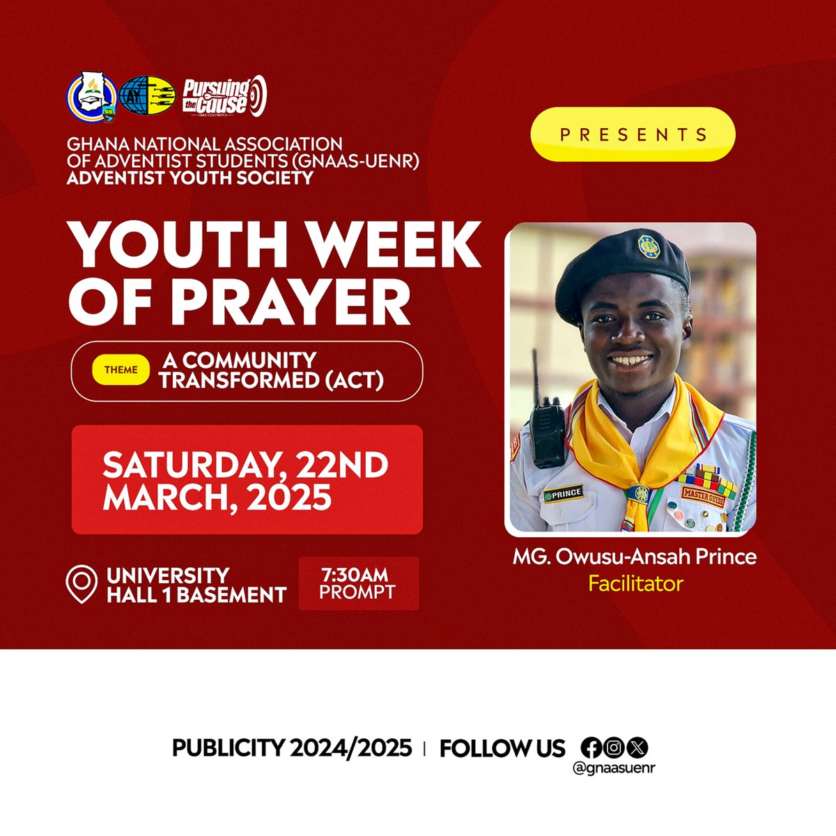 🙏 YOUTH WEEK OF PRAYER 2025 🙏

🔥 Theme: A Community Transformed (ACT)

#YouthWeekOfPrayer #GNAASUENR #FaithInAction #ACT #CommunityTransformed #PrayerAndWorship