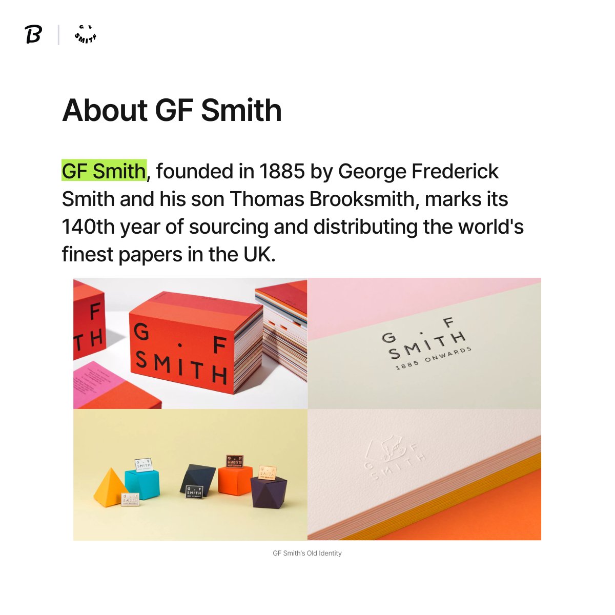 brandfetch's tweet image. 🏛️📜 Founded in 1885, GF Smith has spent over a century sourcing &amp;amp; distributing the world’s finest papers. From heritage to innovation, they’ve been shaping the creative industry with high-quality paper that inspires. #CreativePaper
